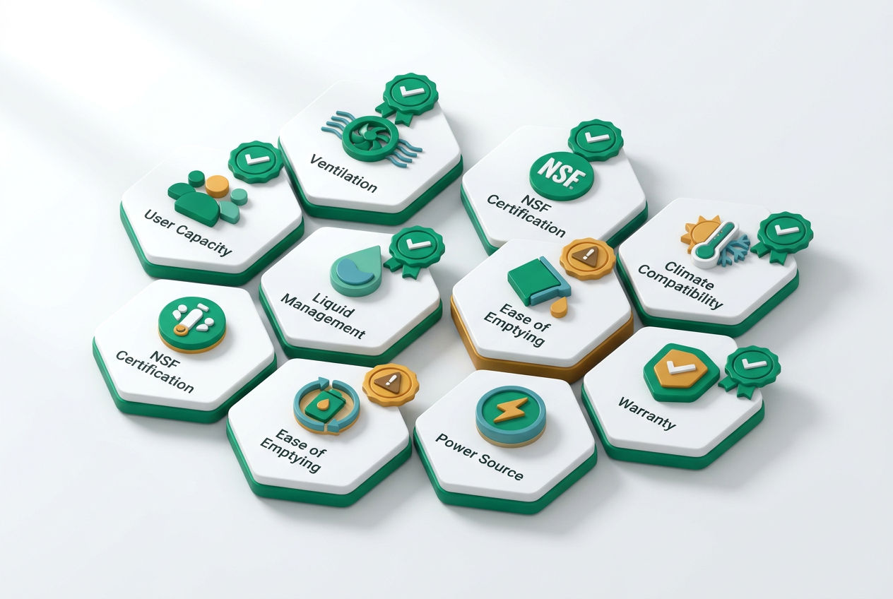 Isometric buyer's guide panel with eight labeled decision icons covering capacity, ventilation, certifications, maintenance, and installation factors.