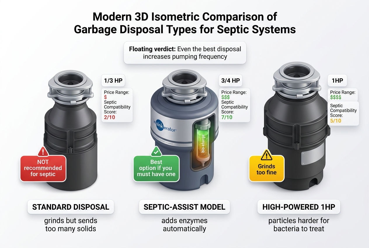3D comparison of three garbage disposal types and their septic system compatibility ratings
