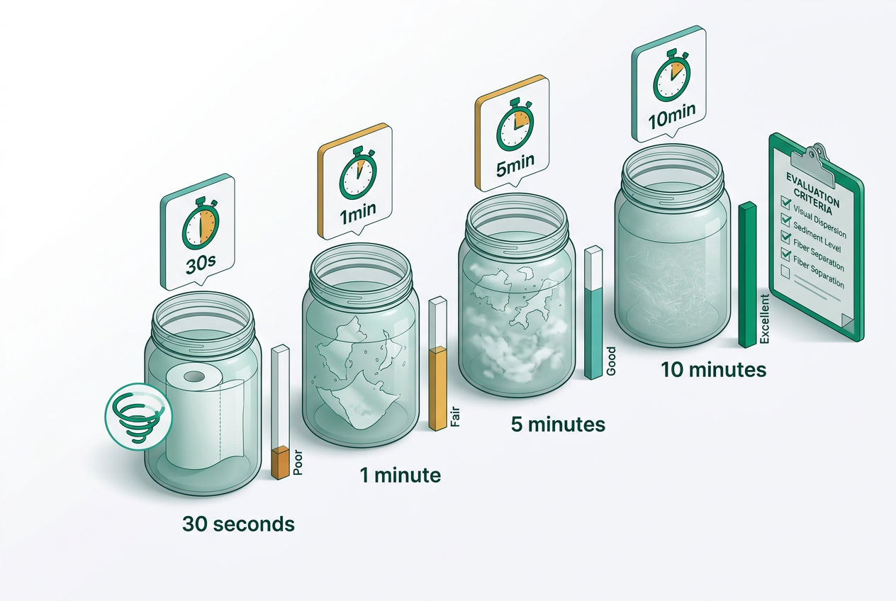 3D isometric lab scene showing jars of toilet paper dissolving in water with timers, agitation steps, and rated breakdown scores.