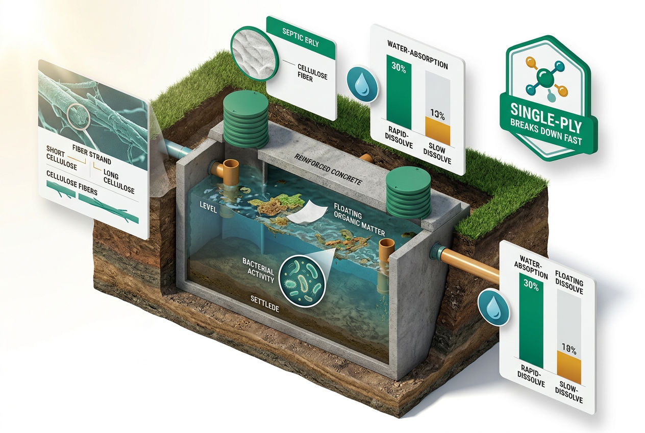 Cutaway 3D diagram showing toilet paper fiber structure, water absorption, and rapid breakdown process inside a septic tank cross-section.