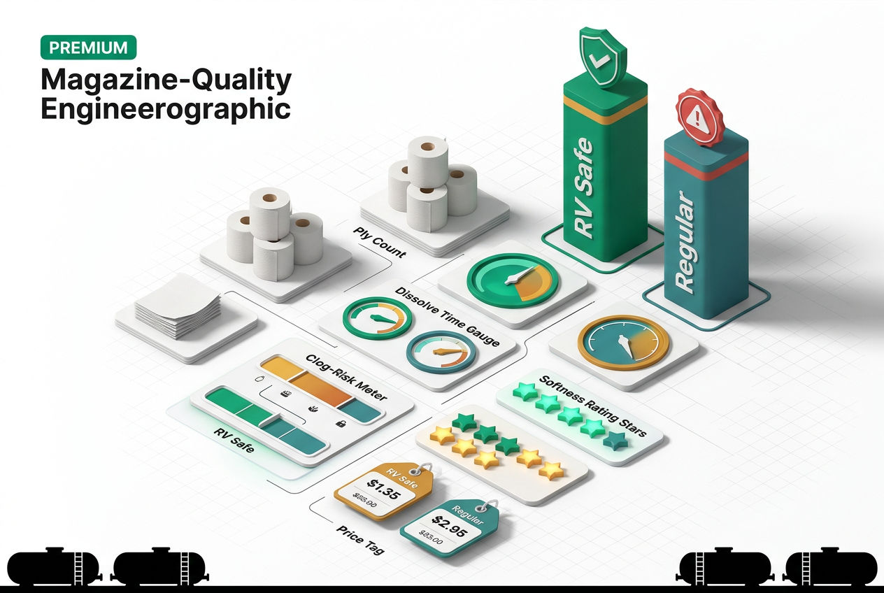 Side-by-side 3D isometric comparison panels contrasting RV toilet paper and regular toilet paper across ply, dissolve time, and tank safety.