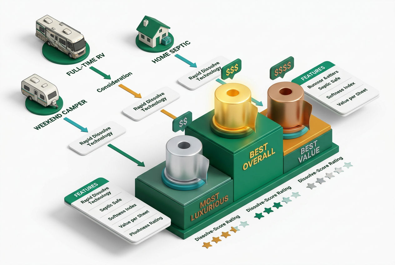 3D isometric decision flowchart with RV toilet paper category winner cards, use-case icons, and a best-value podium ranking graphic.