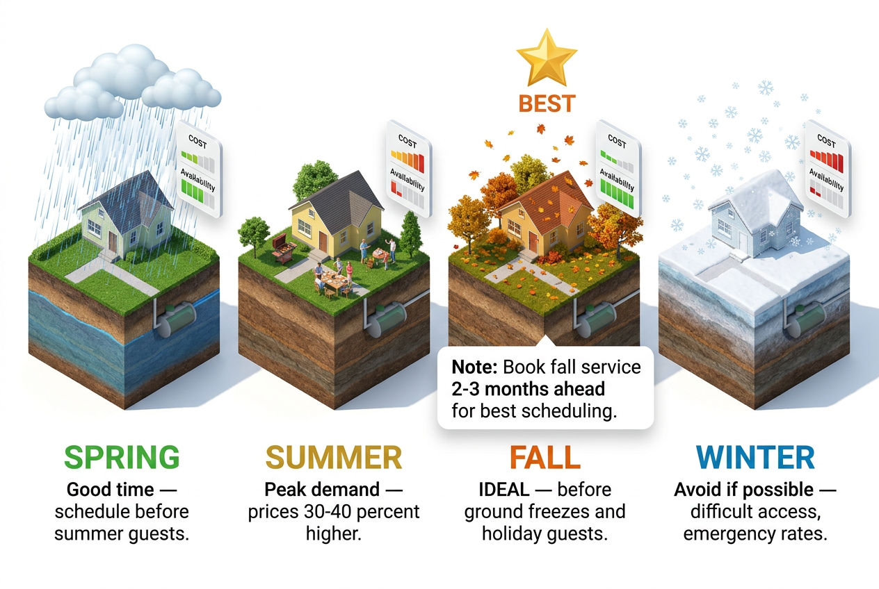3D four-season comparison showing optimal timing for septic system service with fall rated as best