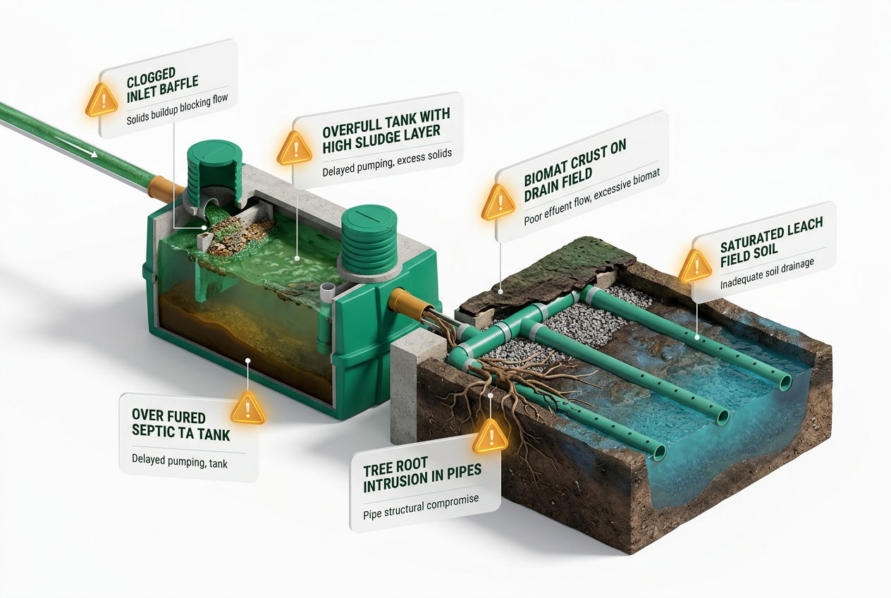 Isometric cutaway showing 5 common septic slow-drain causes: clogged inlet baffle, full tank, biomat, root intrusion, drain field failure.