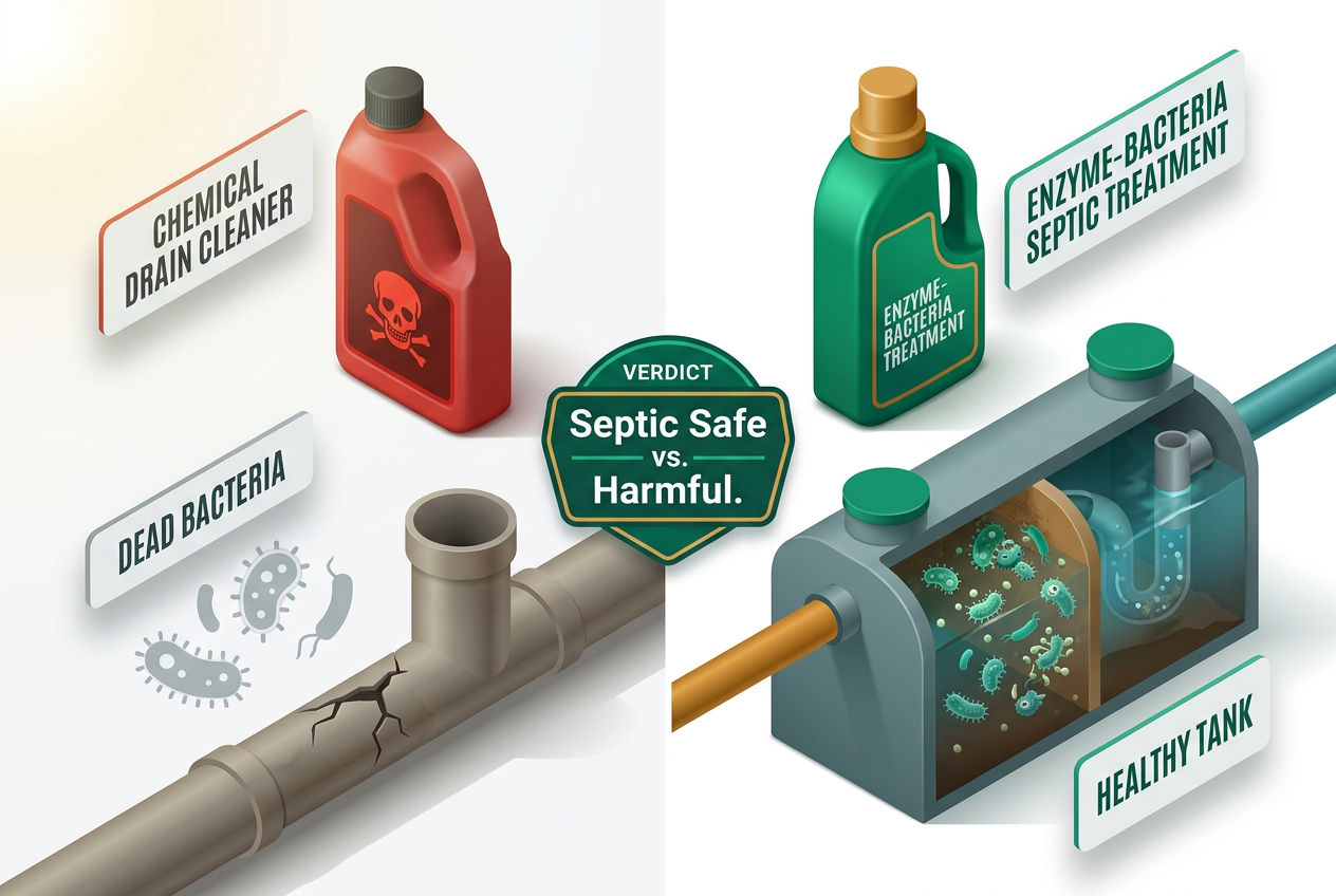 Side-by-side isometric comparison: Drano bottle destroying beneficial bacteria vs. enzyme treatment bottle nurturing healthy septic microbes.