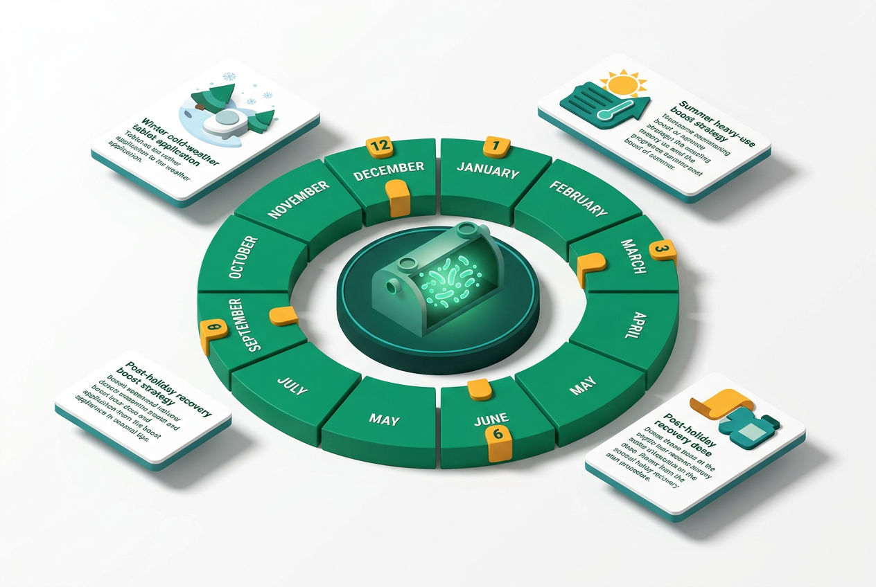 Isometric 12-month circular calendar showing monthly bacteria treatment schedule with seasonal icons and dosage reminders for septic systems.