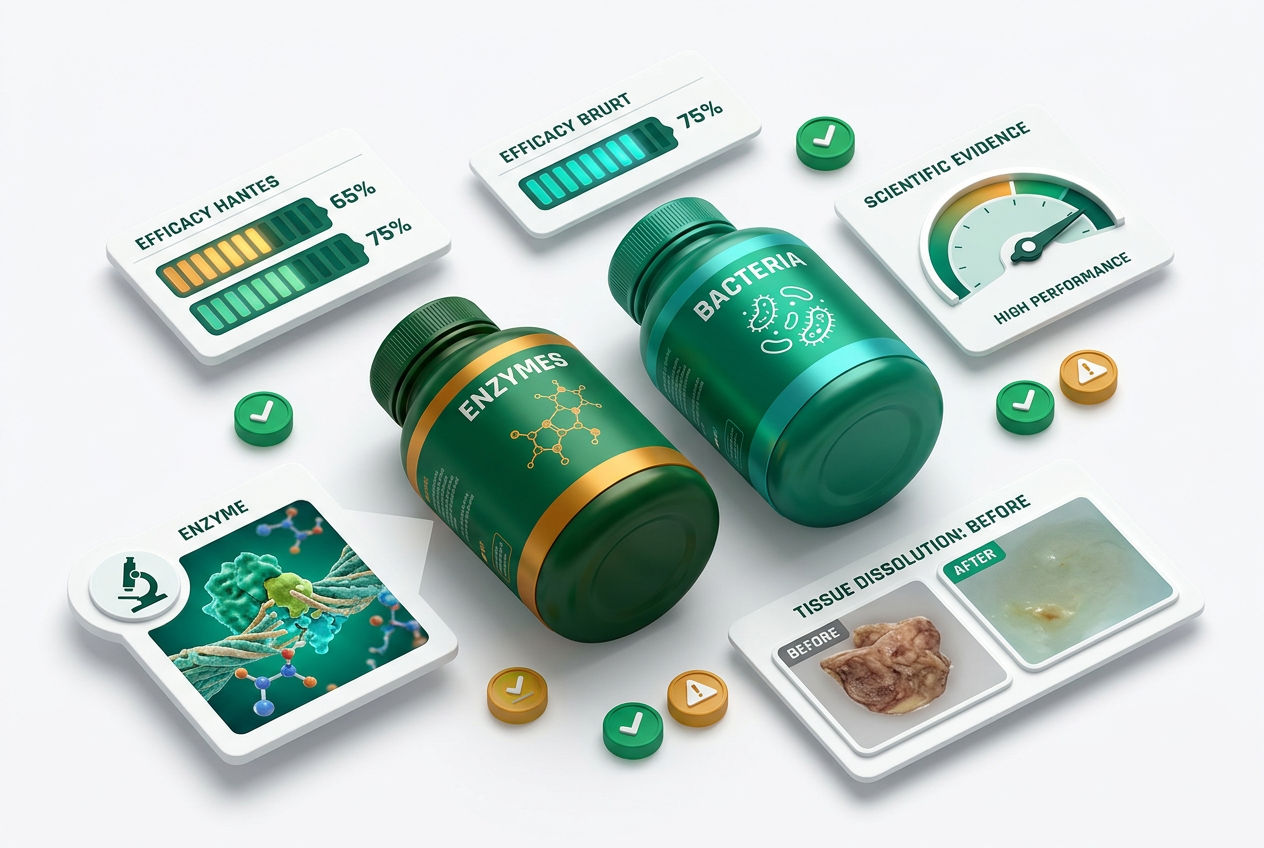 Isometric comparison panels showing enzyme vs. bacterial treatment bottles, efficacy percentage bars, and before/after fiber dissolution icons.