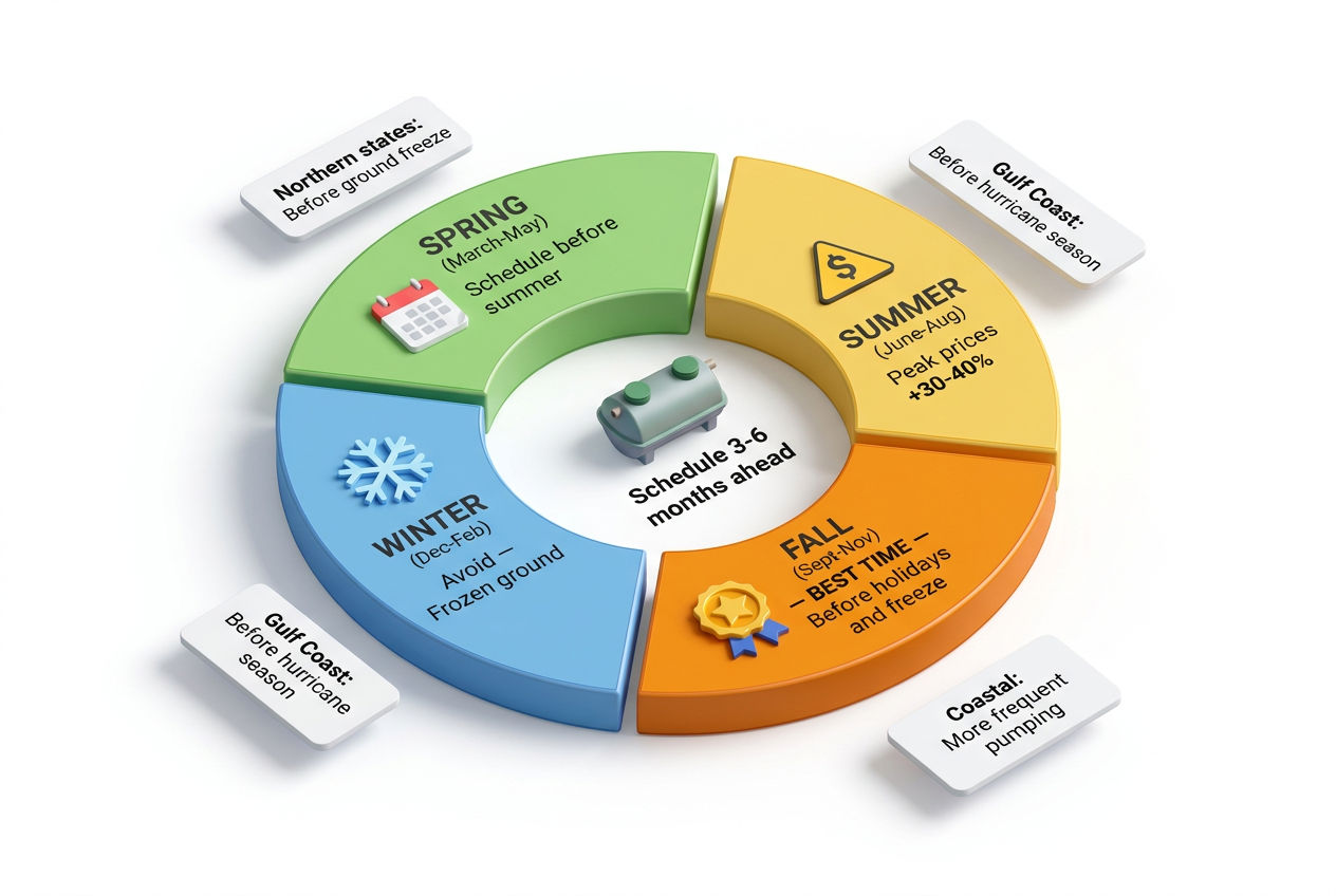 3D seasonal calendar showing best and worst times to schedule septic tank pumping by region