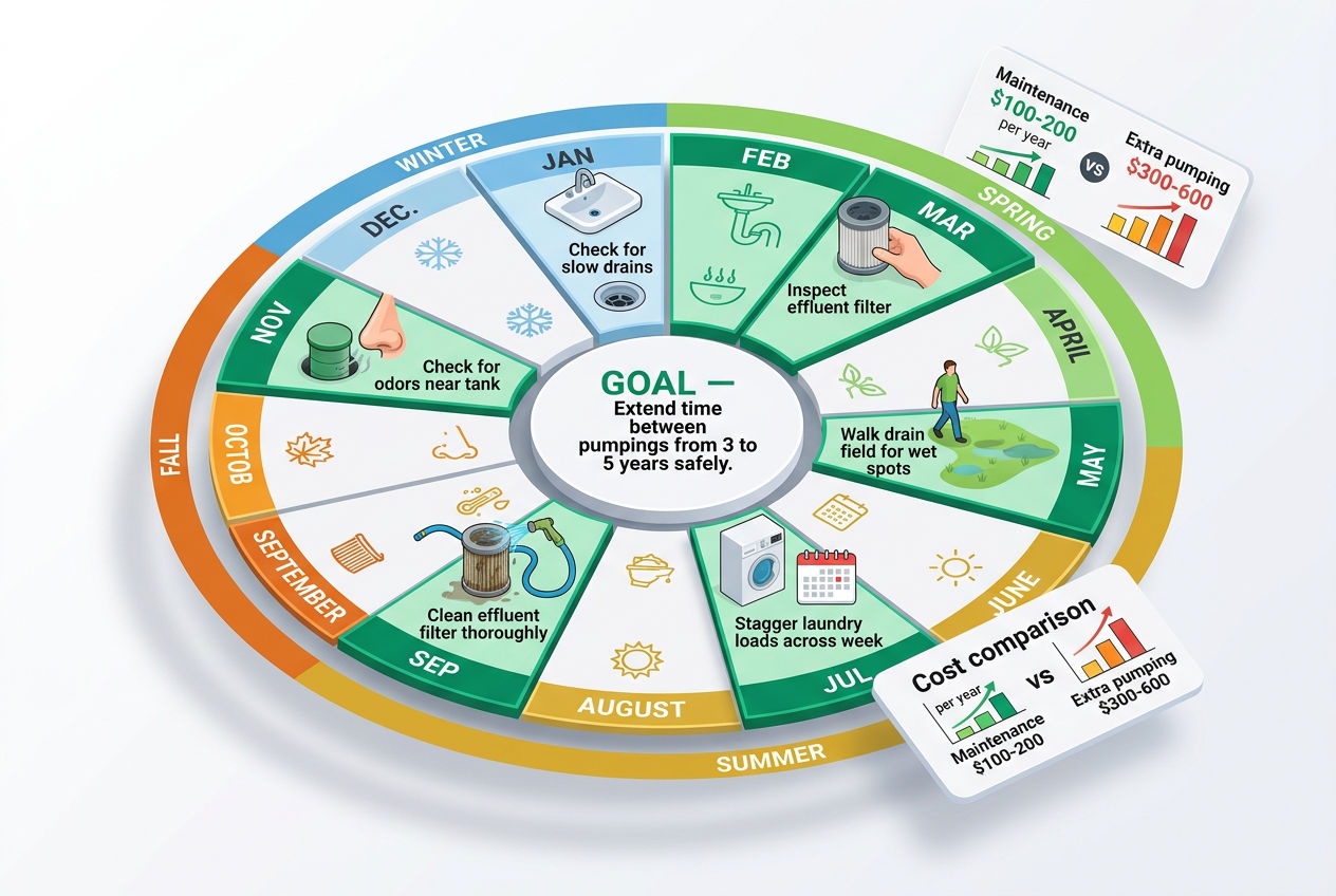3D circular calendar showing monthly maintenance tasks to extend time between septic pumpings