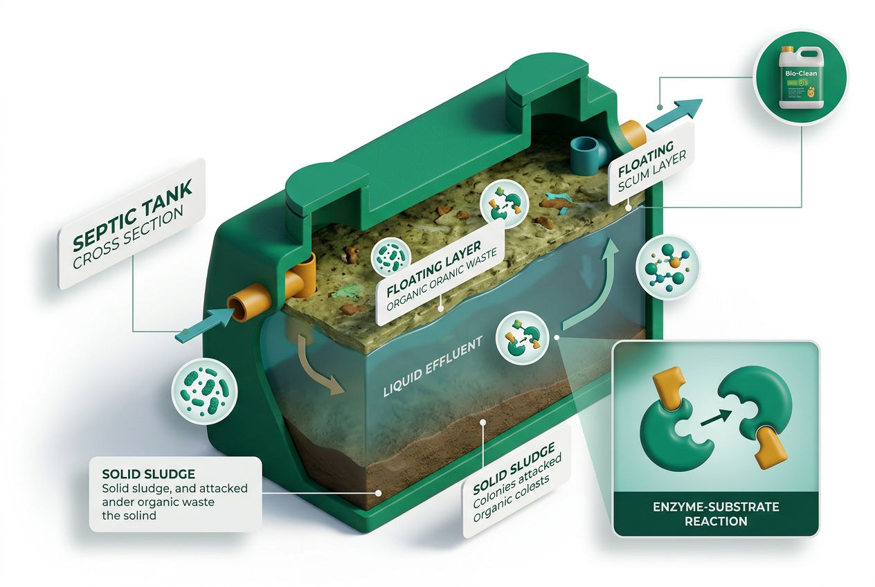 3D isometric cutaway of a septic tank showing bacteria and enzymes breaking down waste layers with labeled flow arrows.