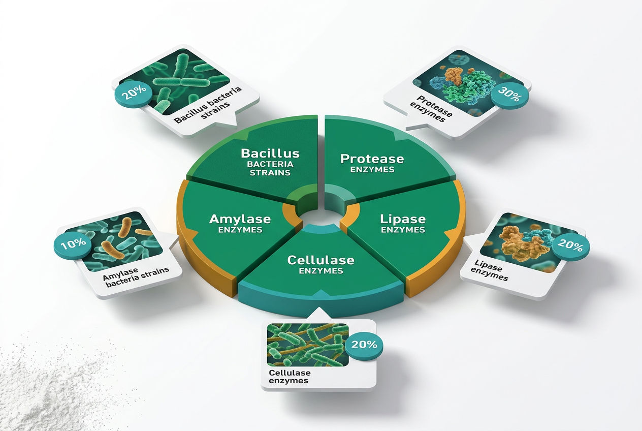 Isometric ingredient breakdown showing bacterial strains and enzyme types in labeled floating cards with percentage indicators.