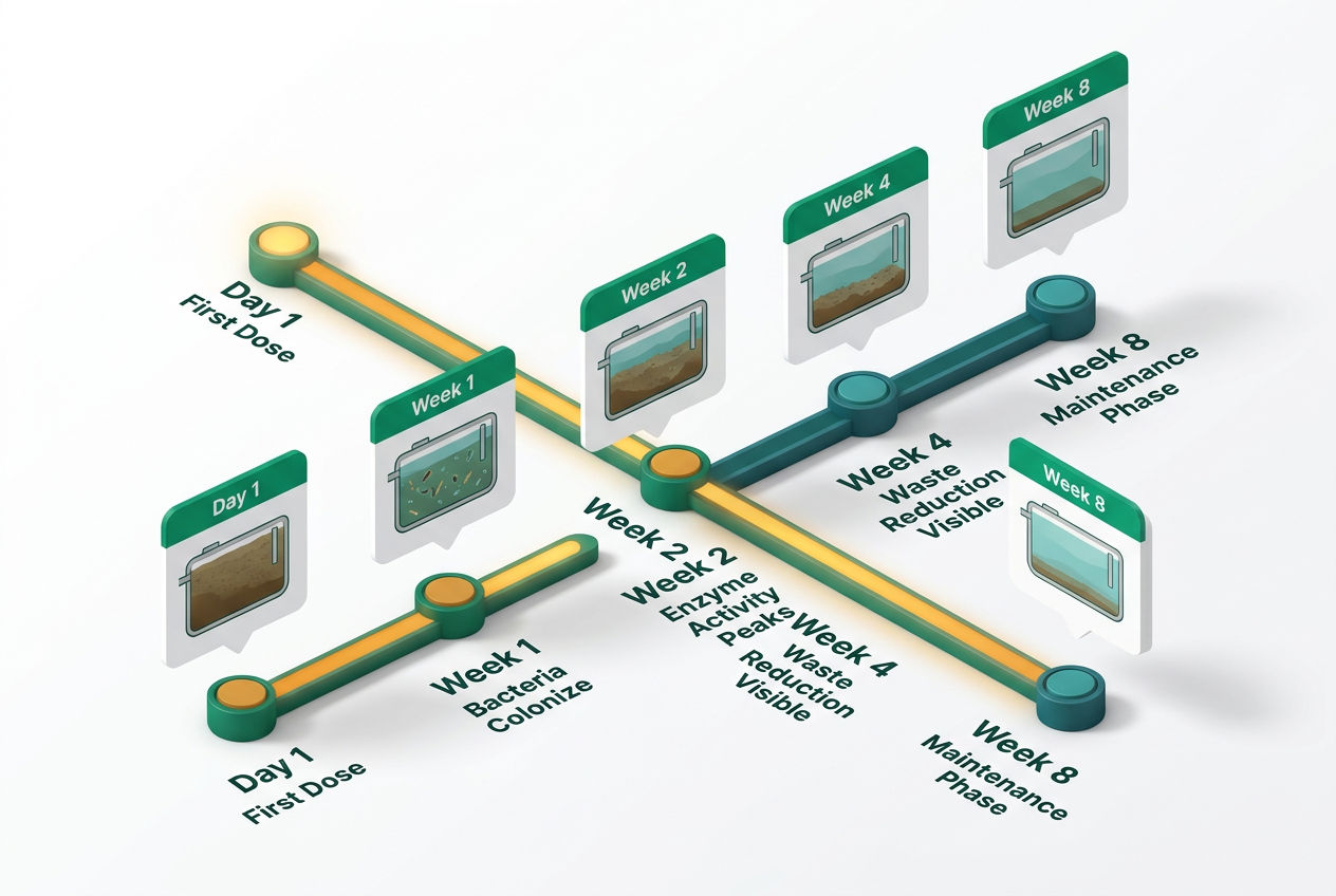 Isometric horizontal timeline showing Bio-Clean treatment phases from day one through week eight with milestone icons.