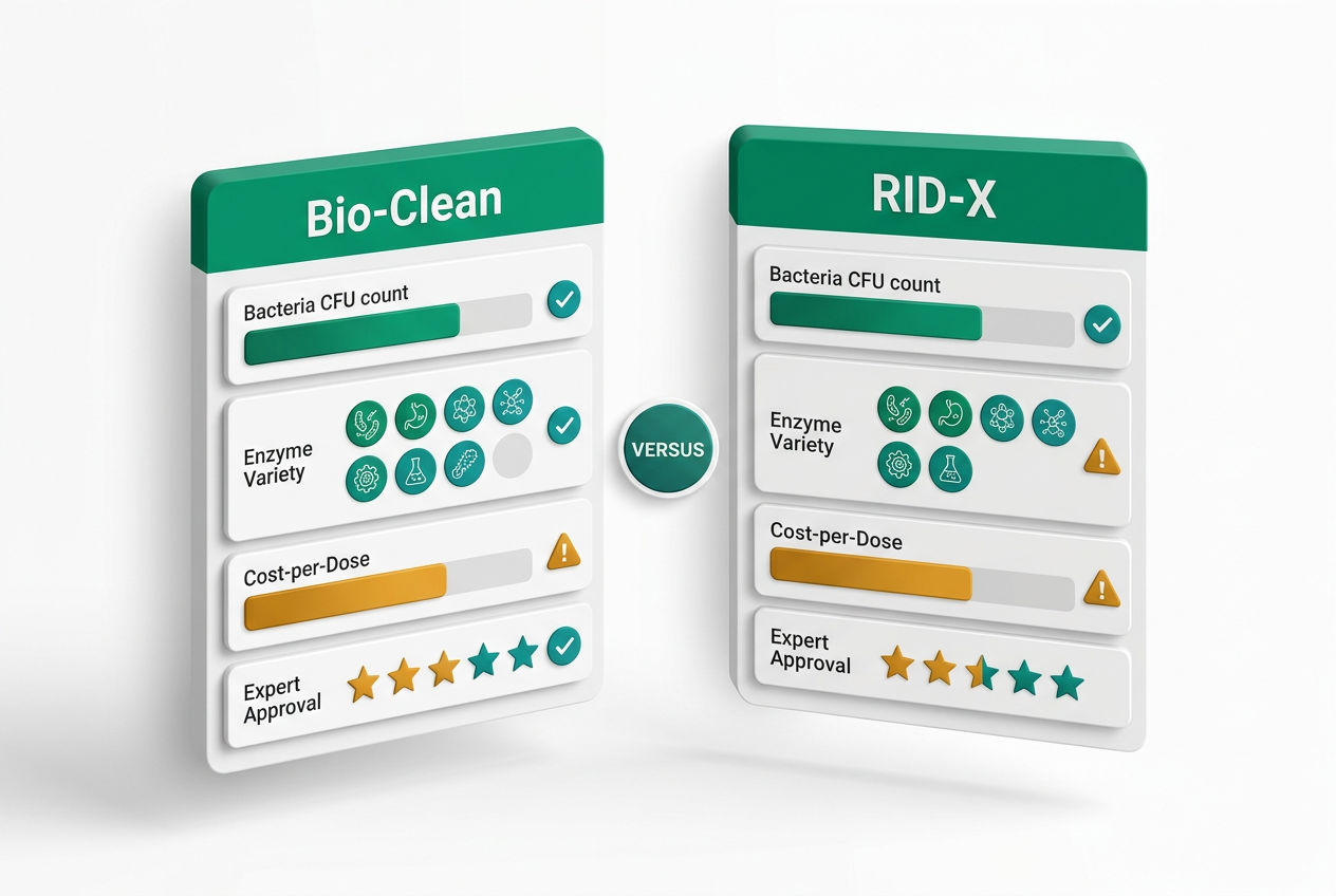 Side-by-side isometric comparison panels of Bio-Clean and RID-X showing bacteria count, enzyme types, cost, and expert ratings.