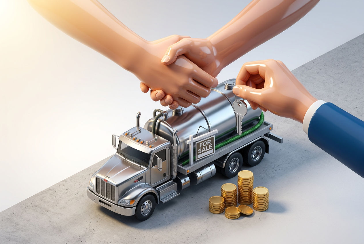 3D isometric handshake over a septic pump truck with a for-sale sign and a key changing hands representing buying an existing septic business
