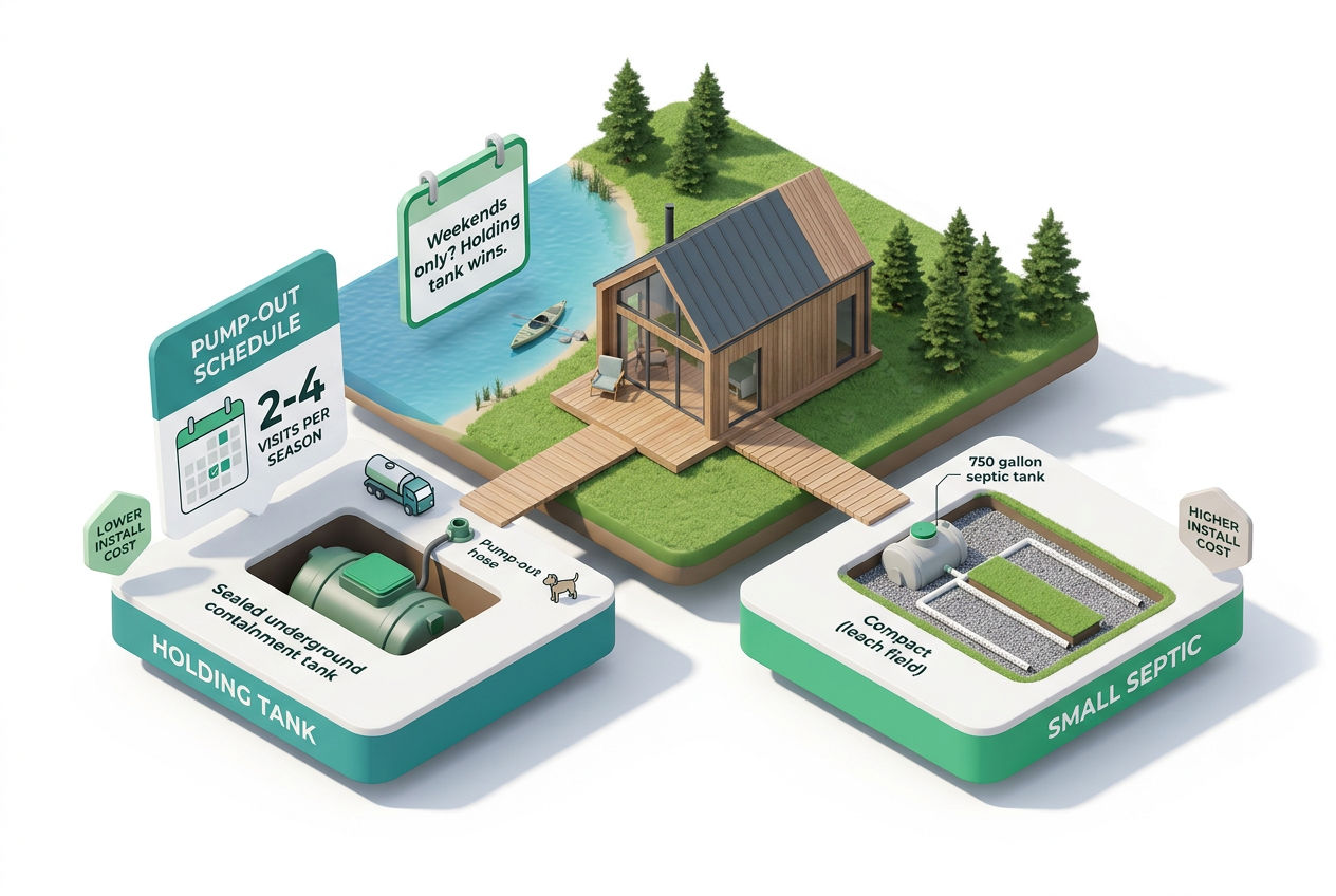 3D decision scene comparing a holding tank and small septic system for a seasonal cabin