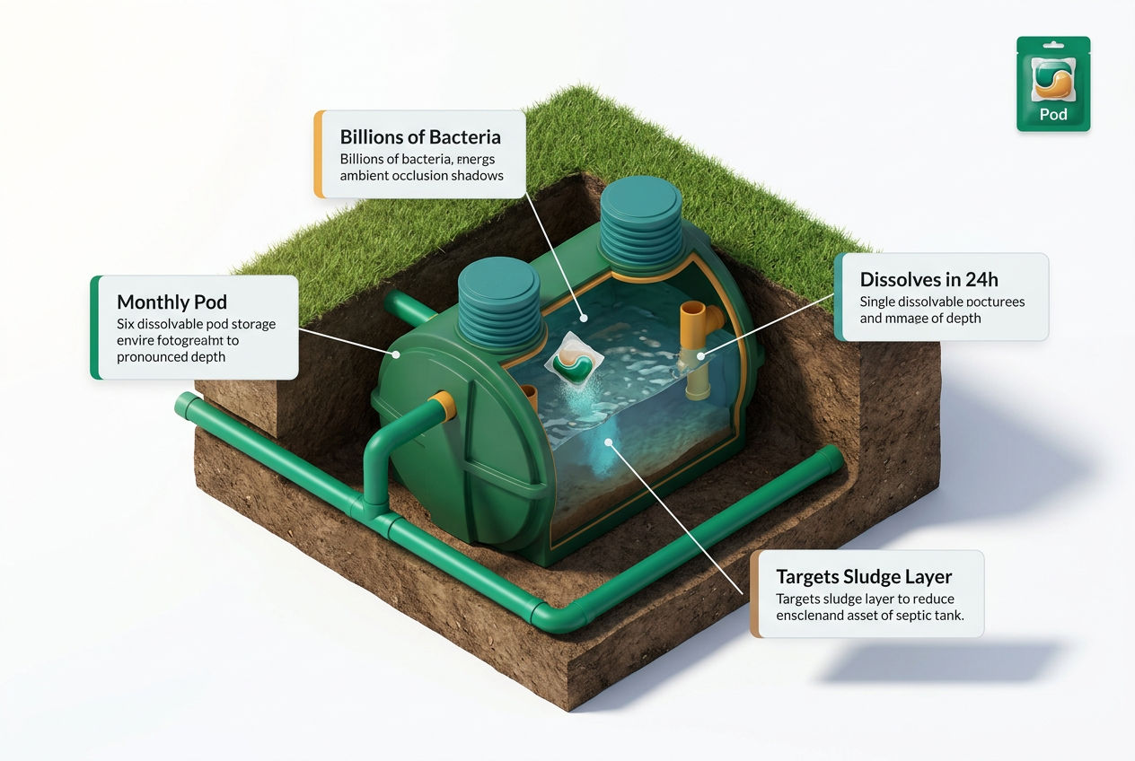 3D isometric cutaway of a septic tank with a dissolvable pod dropping in, labeled components showing bacteria activation and waste breakdown.