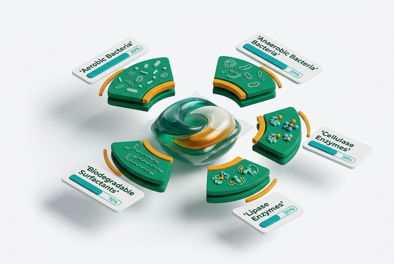 Isometric ingredient breakdown wheel showing bacteria strains, enzymes, and surfactants inside a Cabin Obsession septic pod with labeled microscopic i