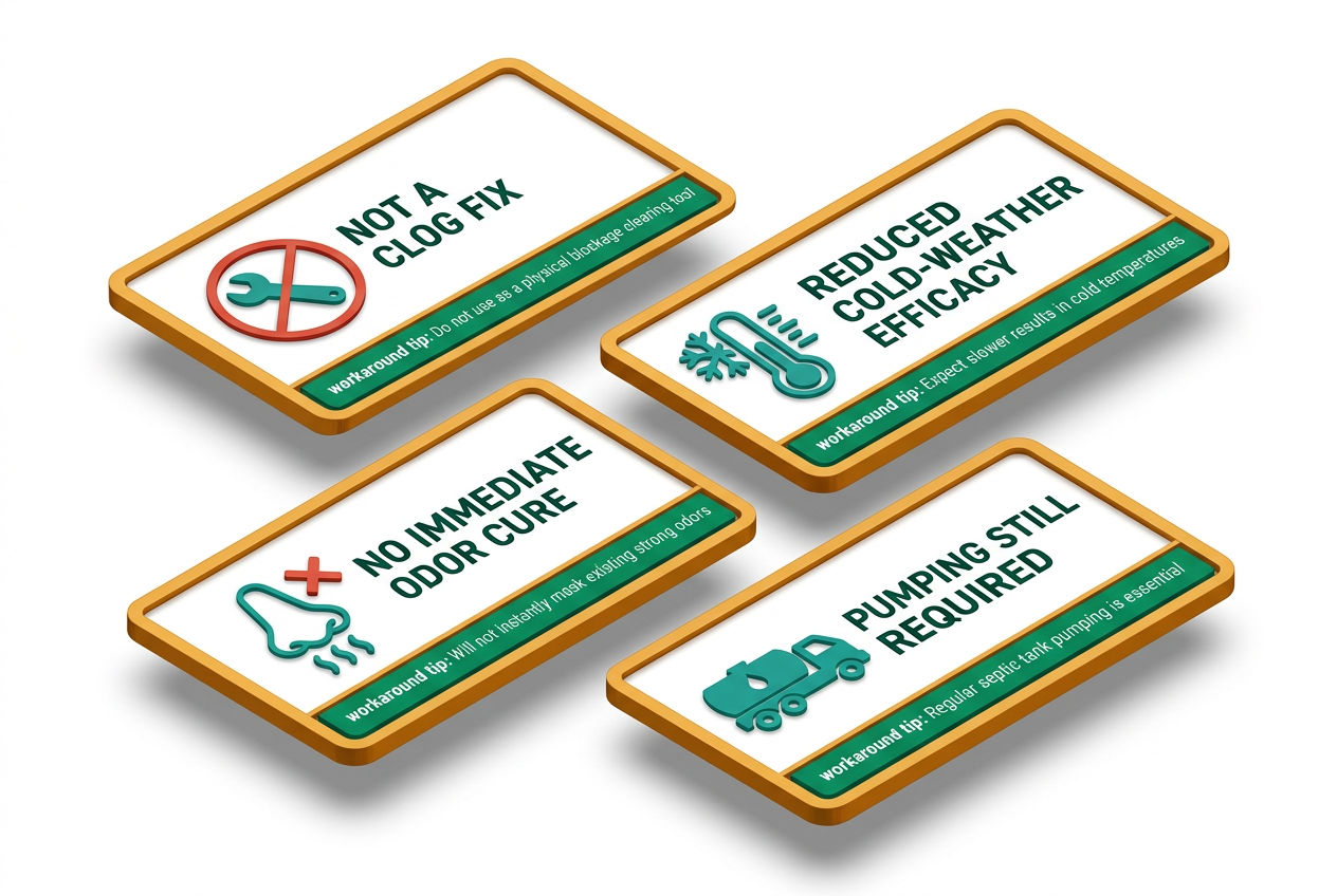 Isometric dashboard of four limitation warning cards for Cabin Obsession septic pods, including cold temperature performance and severe clog warnings.