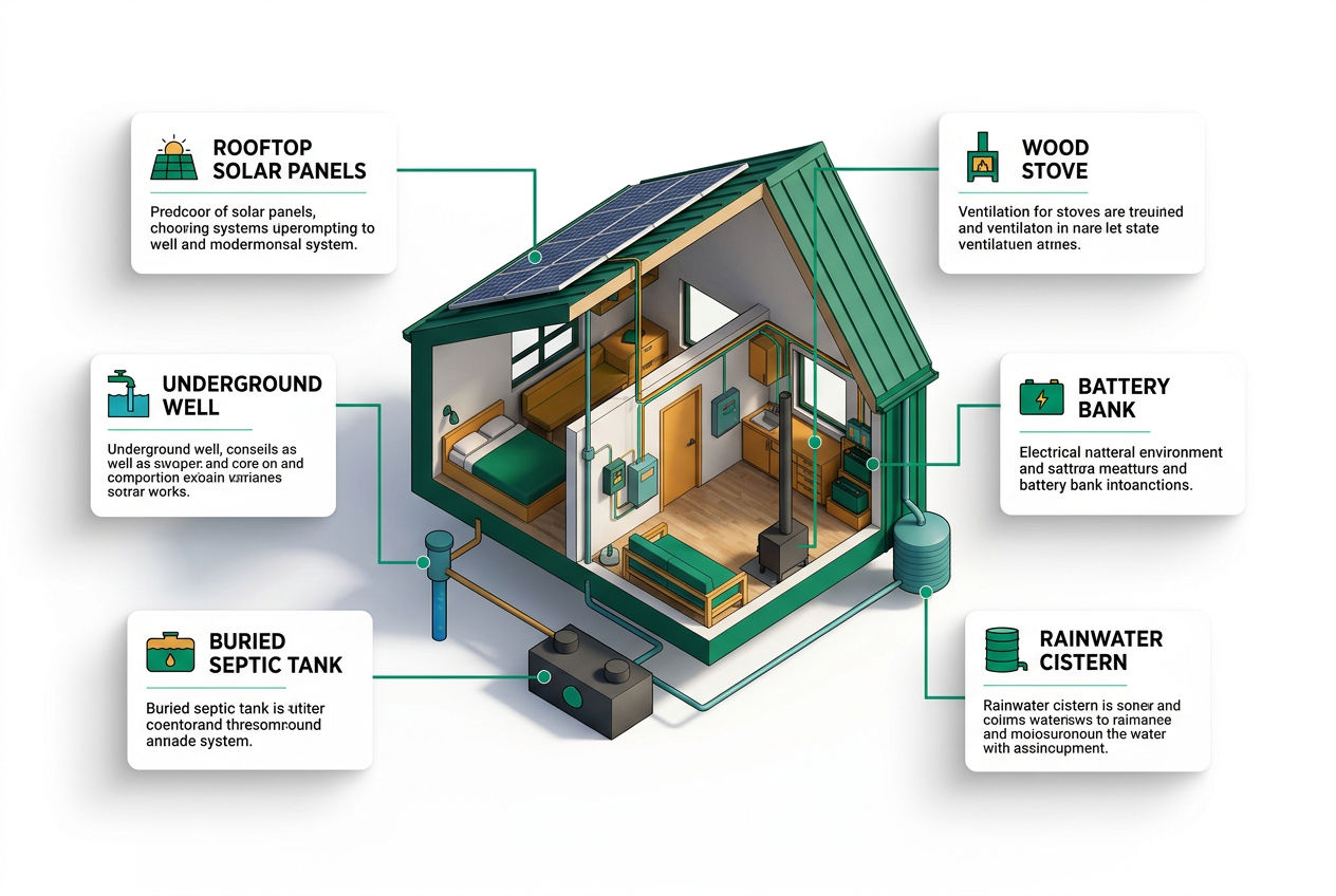 Isometric cutaway of an off-grid cabin showing solar panels, water well, septic tank, wood stove, and battery bank labeled.
