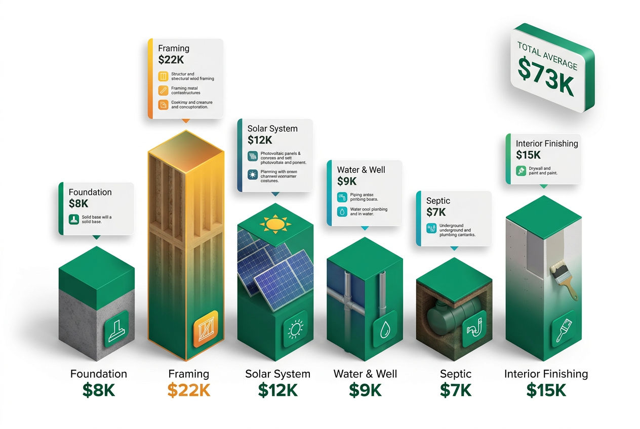 3D bar chart comparing off-grid cabin costs: foundation, structure, solar, water, septic, interior finishing with dollar labels.