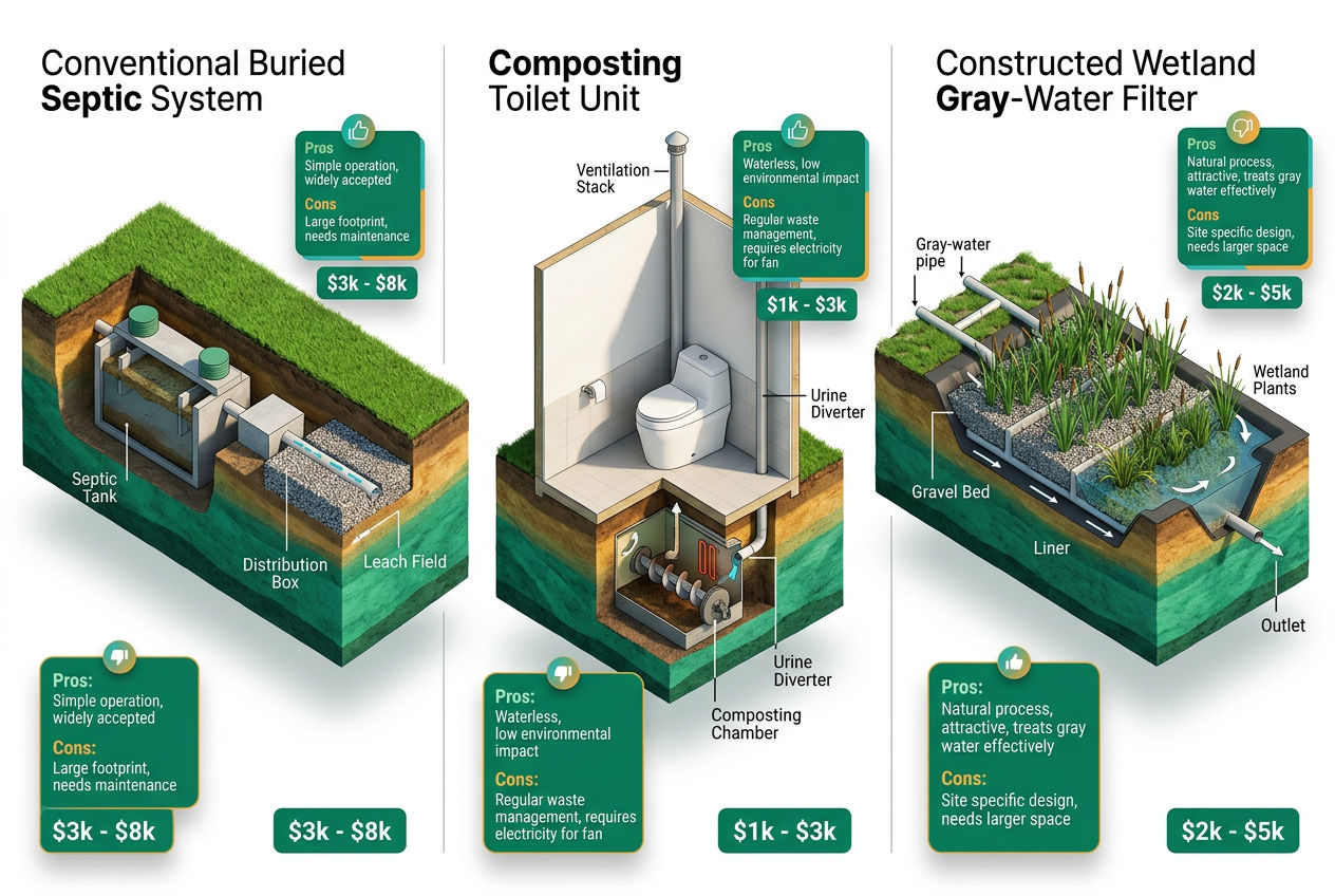 Side-by-side isometric comparison of conventional septic tank, composting toilet, and gray water leach field for off-grid cabins.