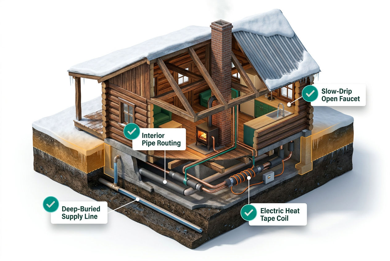 Isometric cabin cross-section showing pipe insulation, heat tape, drip faucets, buried water lines, and interior routing freeze-prevention methods.