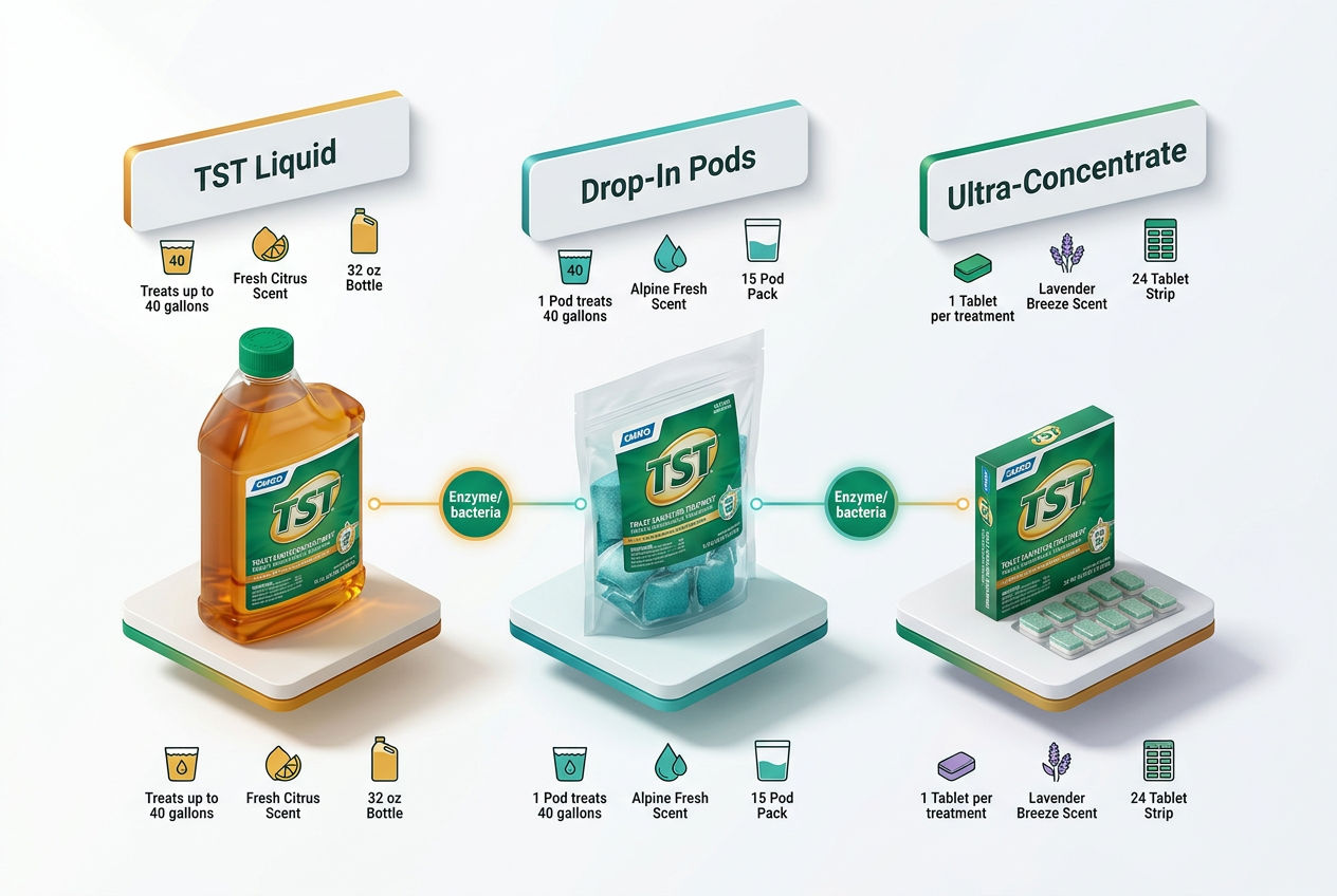 3D isometric display of Camco TST product lineup: liquid bottles, drop-in pods, and tablets with labeled comparison cards.