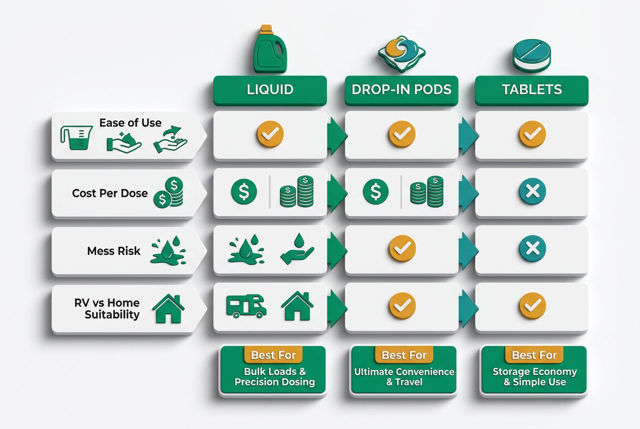Isometric decision-flow chart comparing Camco liquid, drop-in pods, and tablets across ease-of-use, cost, and application scenarios.