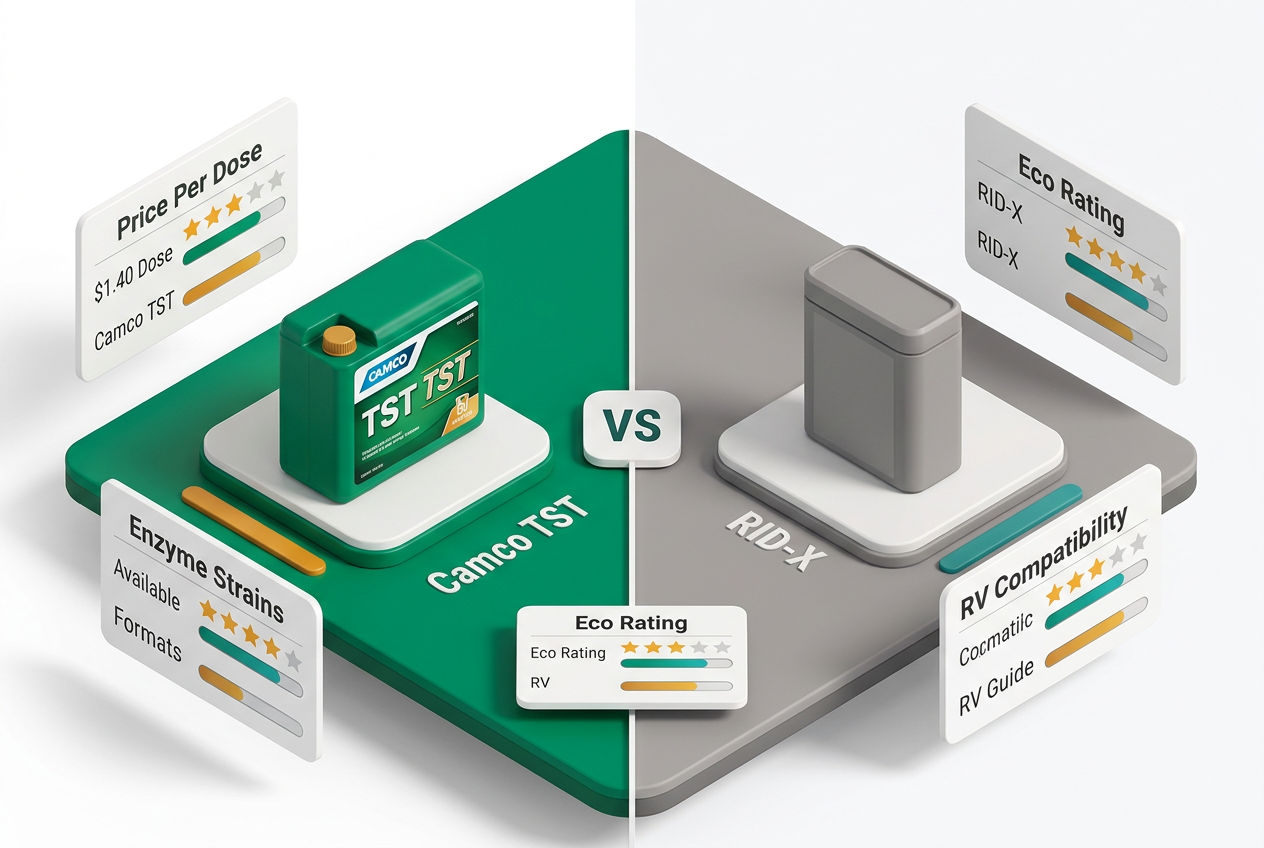 Side-by-side 3D isometric scorecard comparing Camco TST and RID-X across price, enzymes, formats, and safety ratings.