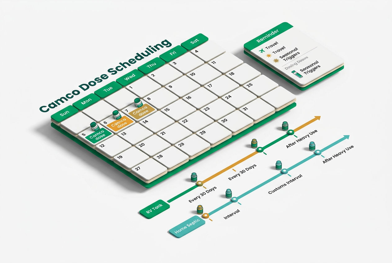 Isometric calendar and dosage timeline showing monthly Camco septic treatment schedule for RV and home systems with visual dose icons.