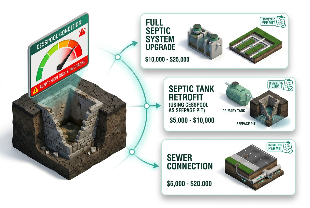 3D visualization of three cesspool replacement options with costs