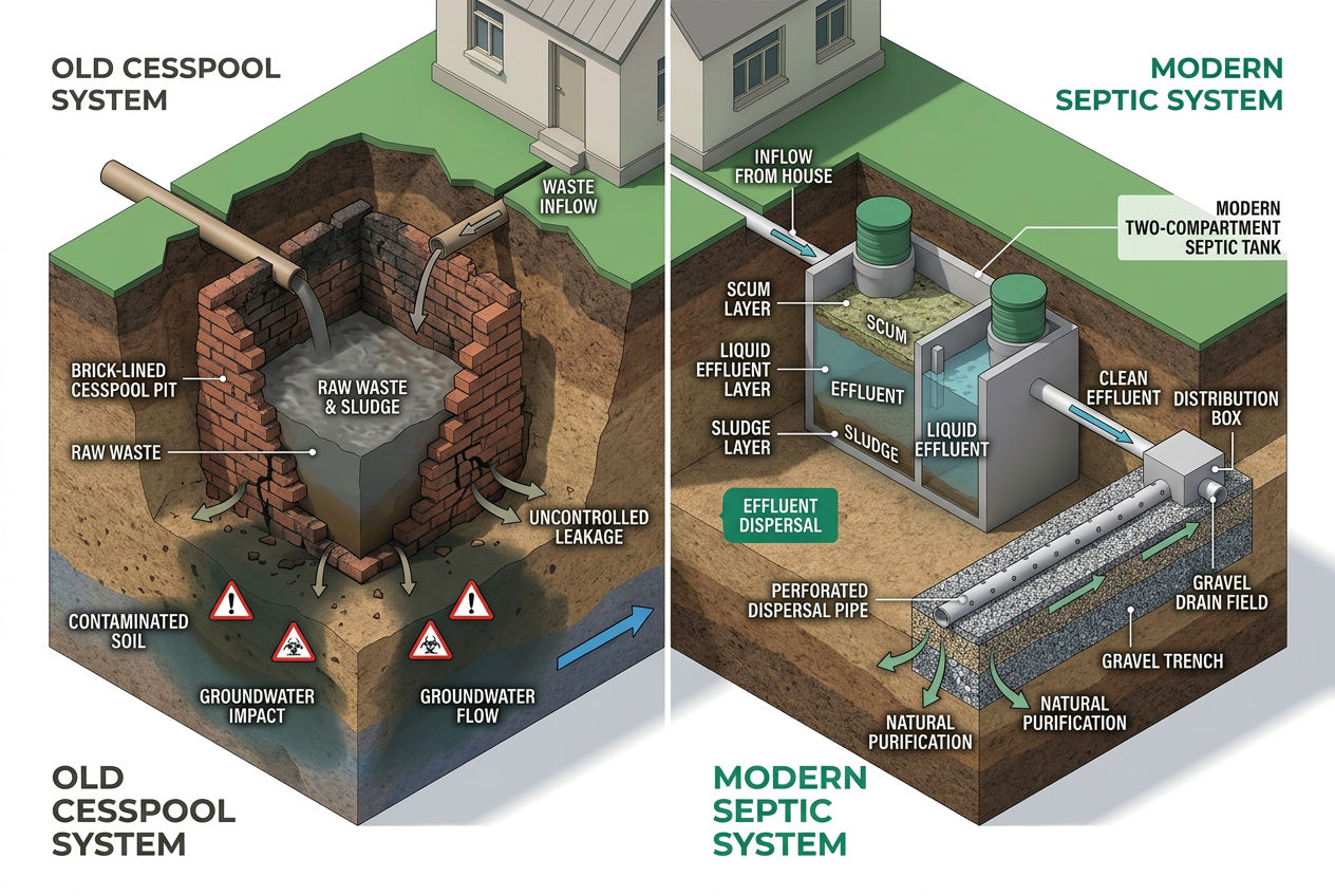 3D underground cutaway comparing how a cesspool and a septic tank handle waste