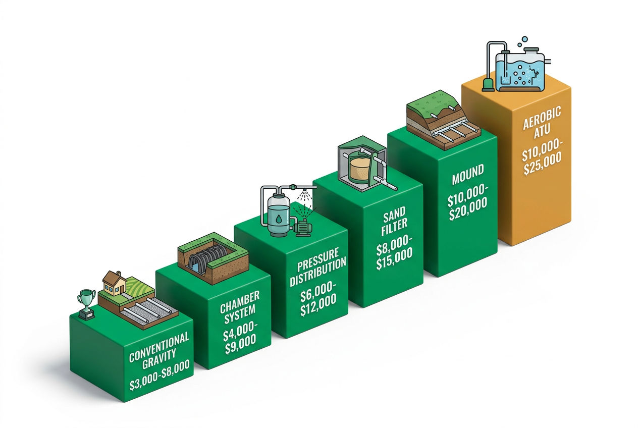 3D pedestal ranking of septic systems from cheapest to most expensive