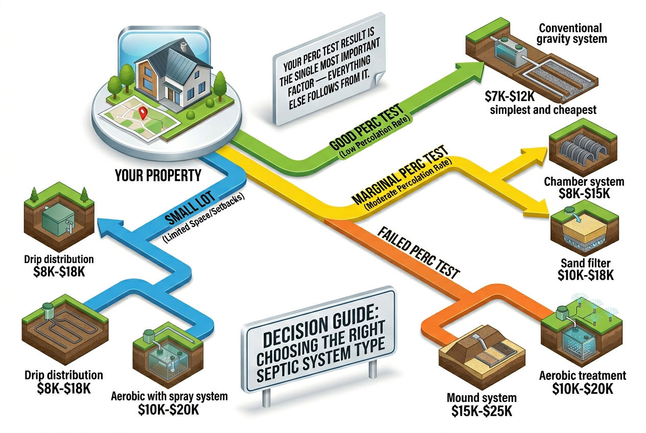 3D decision guide for choosing septic system type based on percolation test results and lot size