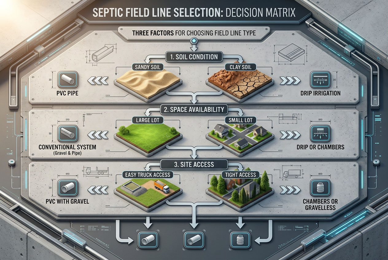 Decision guide for choosing septic field line type based on soil type lot size and site access constraints