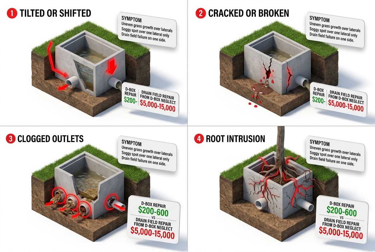 3D four-panel showing common septic distribution box problems: tilting, cracking, clogging, and root intrusion