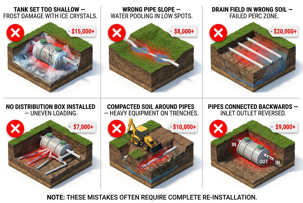 3D six-panel grid showing common DIY septic installation mistakes with repair costs