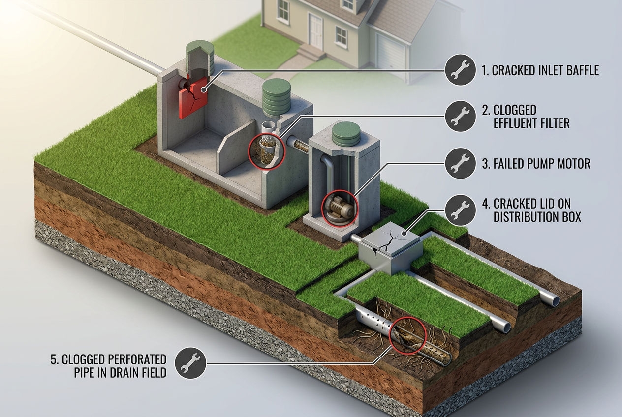 3D exploded view of septic system showing five common repair points: baffle, filter, pump, distribution box, and drain field
