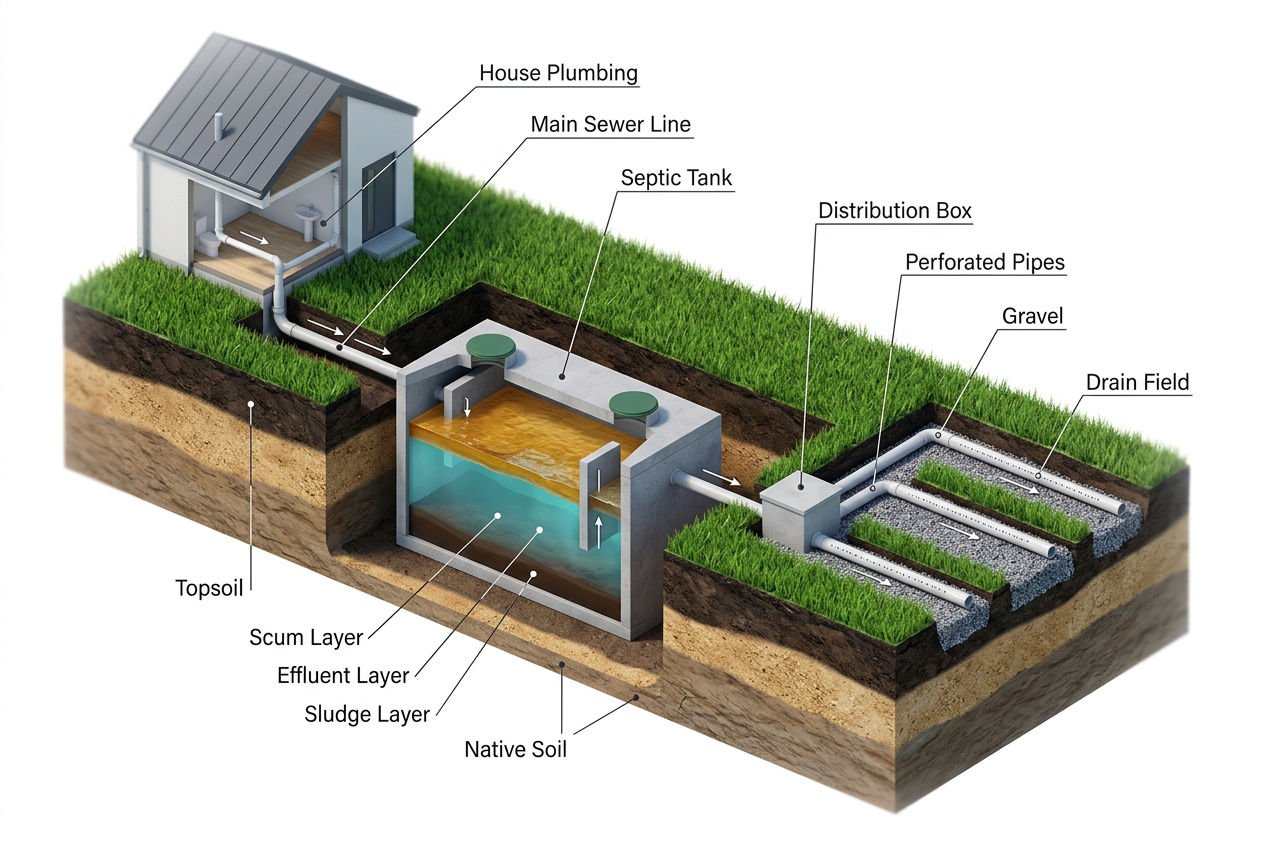3D isometric cross-section diagram showing complete septic system from house to drain field including tank layers, distribution box, and perforated pipe trenches
