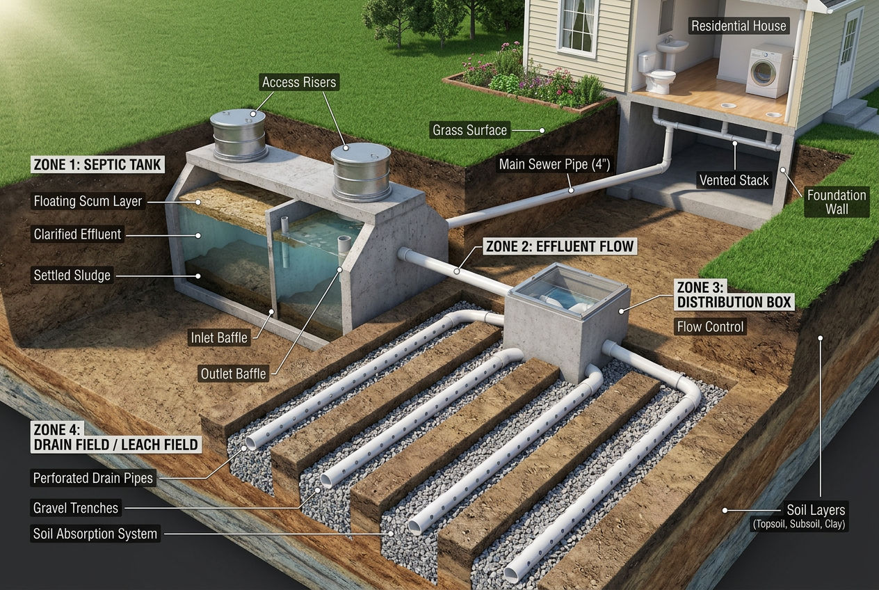 Complete labeled septic system diagram showing sewer line tank distribution box and drain field in cross-section