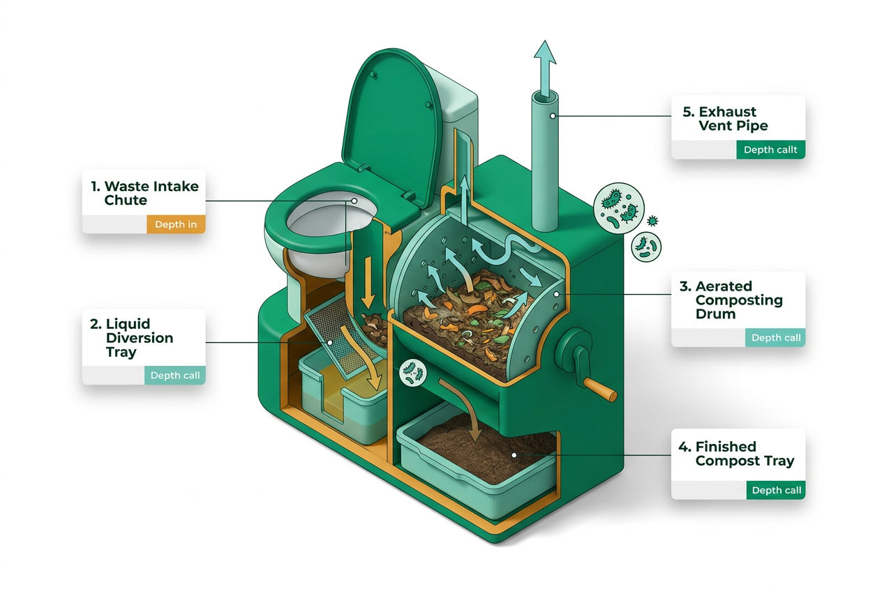 3D isometric cutaway diagram showing composting toilet layers: waste input, aeration chamber, compost drum, and liquid separator.
