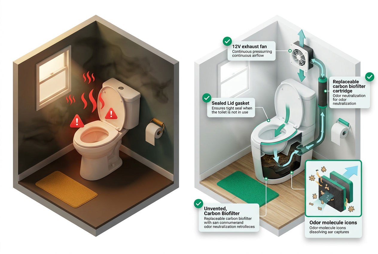 Isometric diagram comparing odor sources vs. odor-control features in composting toilets including fans, vents, and carbon filters.
