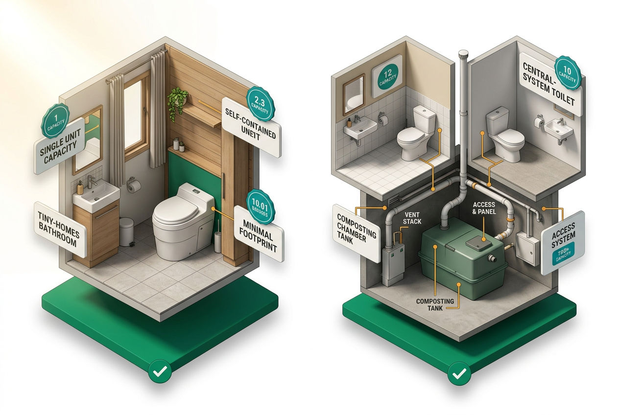 Side-by-side isometric comparison of self-contained compact unit versus central system with remote composting tank and multiple fixtures.