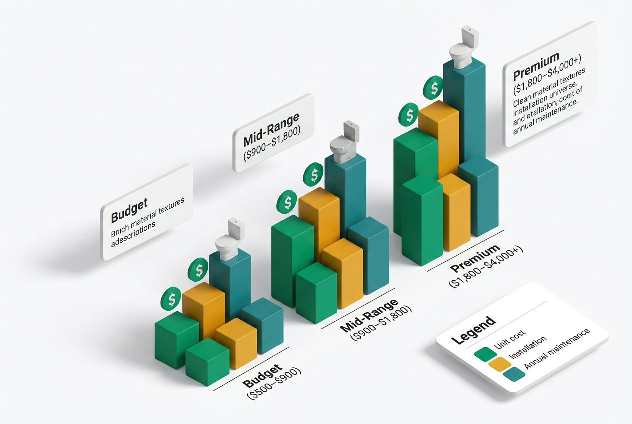 Isometric bar chart comparing upfront cost, installation, and maintenance costs for budget, mid-range, and premium composting toilet tiers.