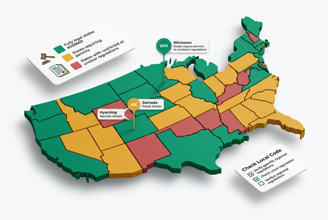 Isometric stylized US map with color-coded state legality status: fully legal, permit required, and restricted zones for composting toilets.