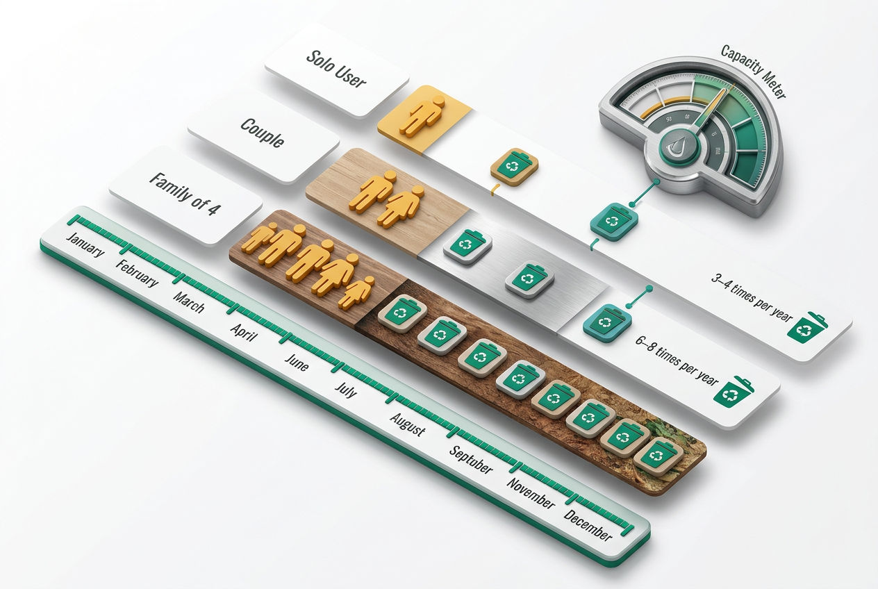 Isometric timeline showing composting toilet emptying schedules for solo user, couple, and family of four across a calendar year.