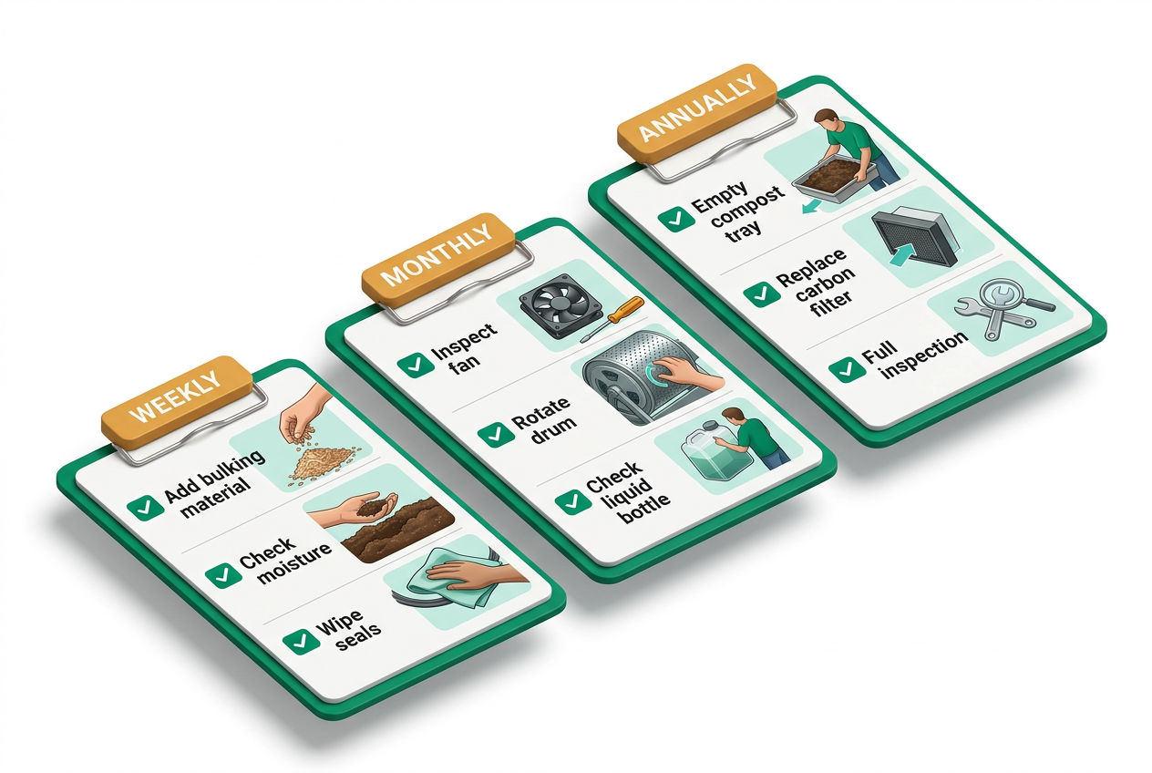 Isometric checklist dashboard showing weekly, monthly, and annual composting toilet maintenance tasks with icons and status indicators.
