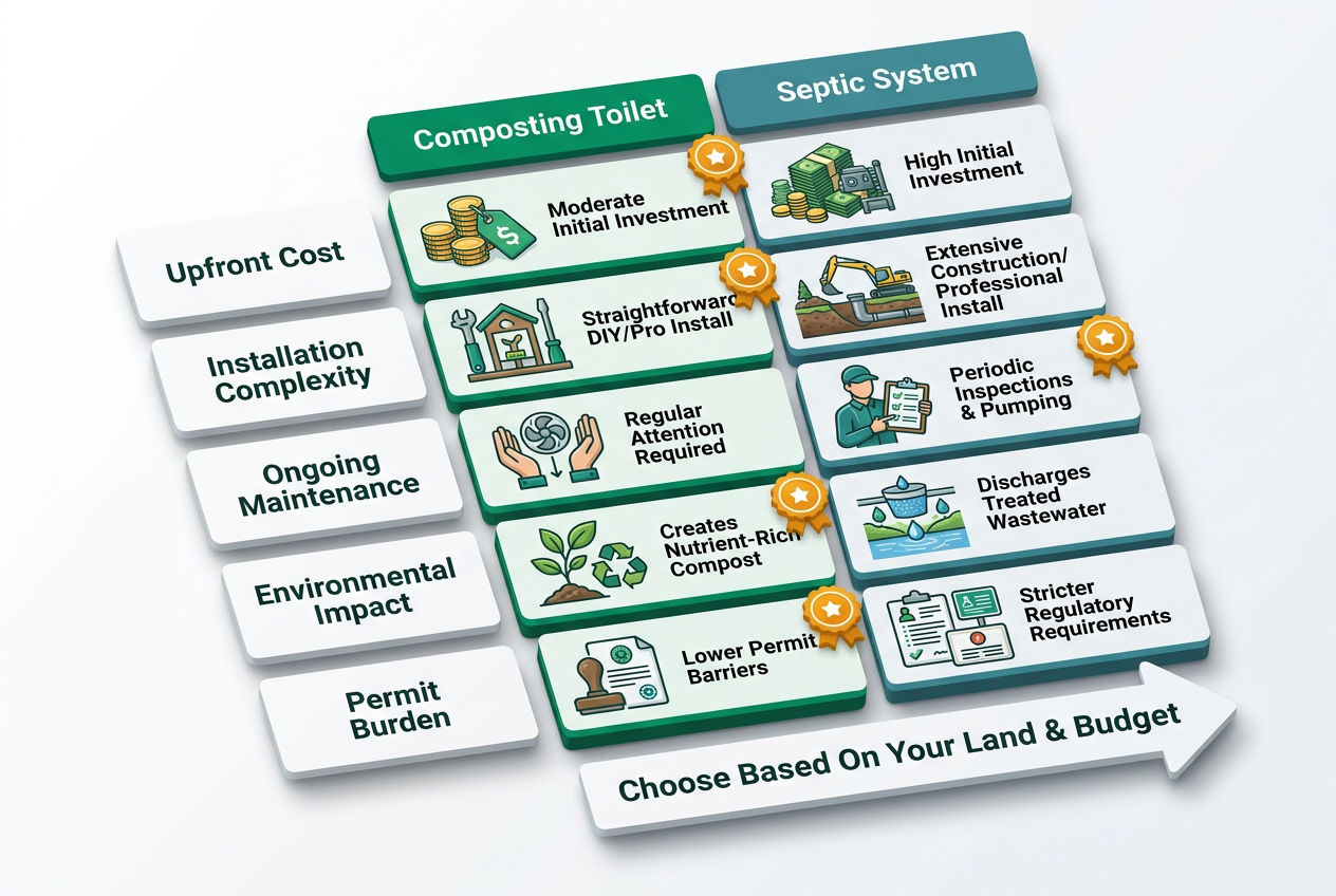 Isometric comparison matrix contrasting composting toilet and septic system across cost, installation, maintenance, environment, and legality.