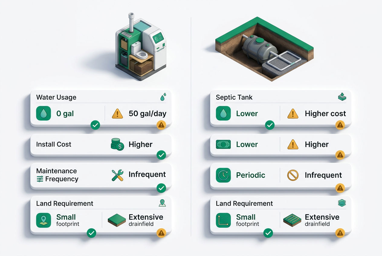 3D isometric comparison grid showing composting toilet vs septic system across water use, cost, maintenance, and installation metrics.