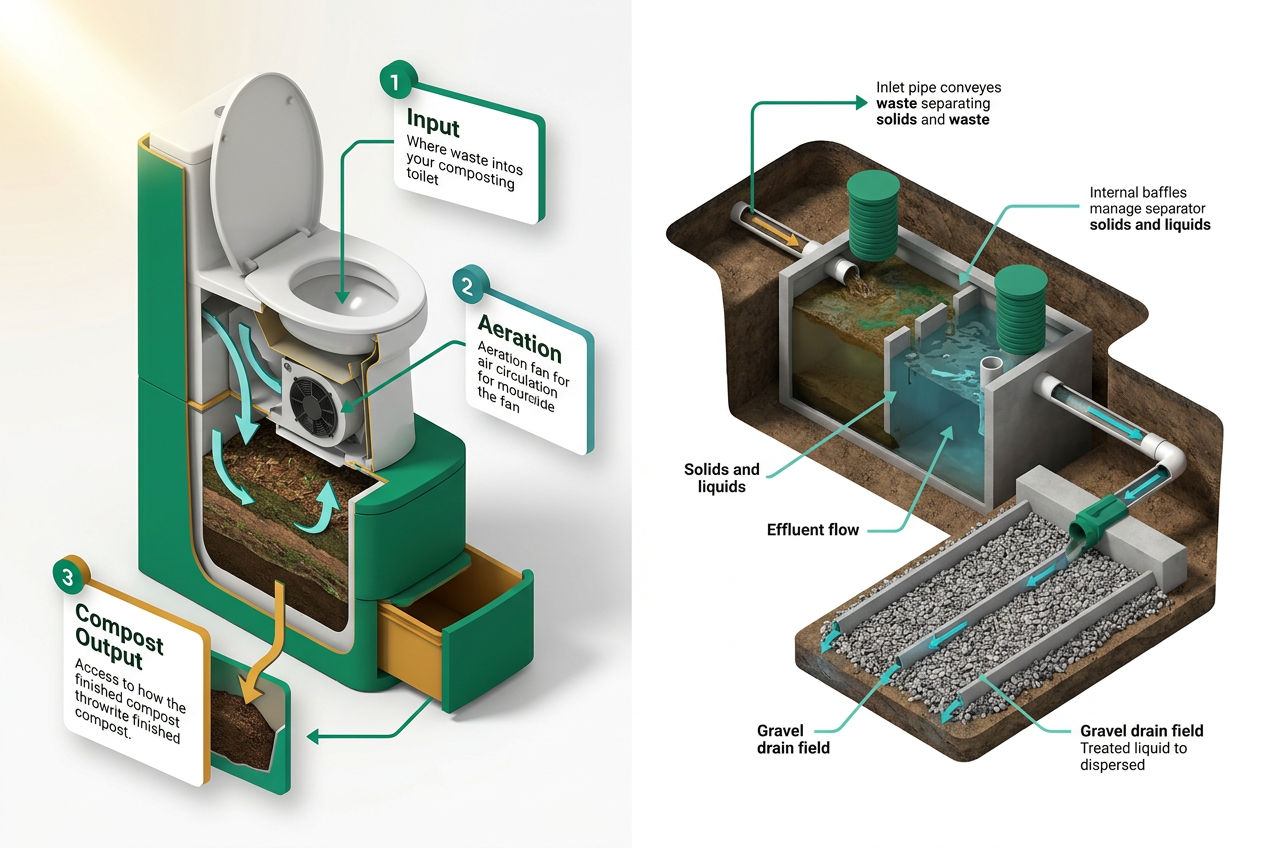 Cutaway 3D isometric diagram showing composting toilet decomposition chamber beside a full underground septic tank and drain field system.